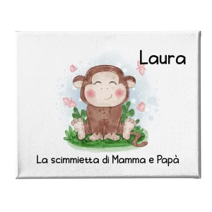Quadro Tela Pittorica Canvas PERSONALIZZABILE col nome del tuo bimbo o della tua bimba - scimmietta di mamma e papà - Disponibile nei formati 50x70 cm e 35x50 cm