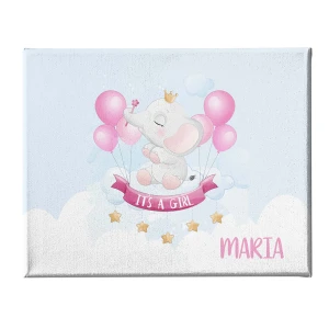 Quadro Tela Pittorica Canvas PERSONALIZZABILE col nome della tua bimba - elefantino - it's a girl - Disponibile nei formati 50x70 cm e 35x50 cm