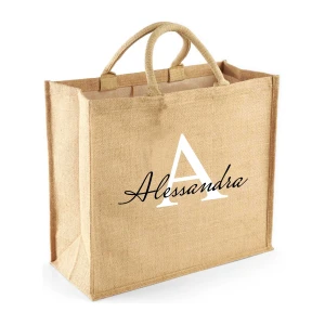 Borsa per la Spesa Juta Shopper Donna PERSONALIZZABILE con nome con Iniziale Floreale - Scegli la tua Iniziale - 100% Juta Laminata
