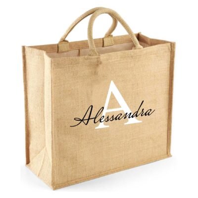 Borsa per la Spesa Juta Shopper Donna PERSONALIZZABILE con nome con Iniziale Floreale - Scegli la tua Iniziale - 100% Juta Laminata