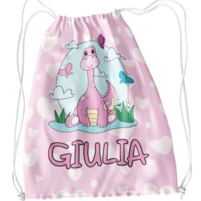 Sacca Ginnastica Dinosauro Cuori Personalizzata Personalizzabile Nome Bambina