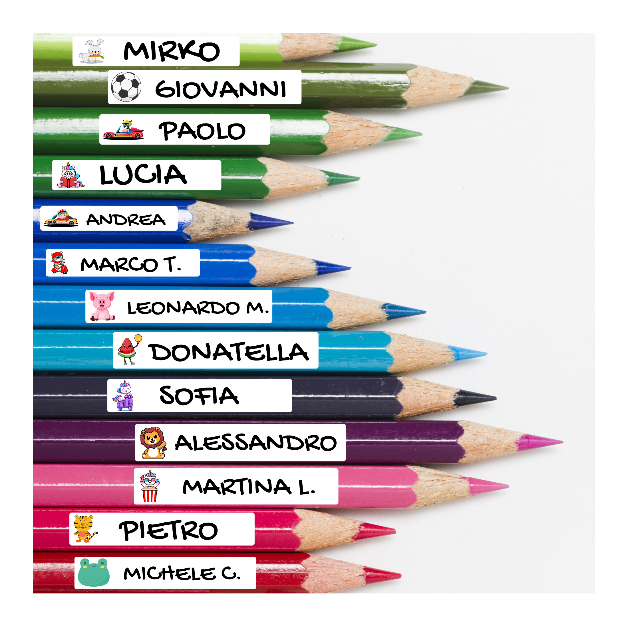 Etichette adesive personalizzate con nome per matite, penne, libri  quaderni, scuola, asilo, elementari. Set da 100 pezzi, dimensioni 4,6 x 0,8  cm - ColorFamily
