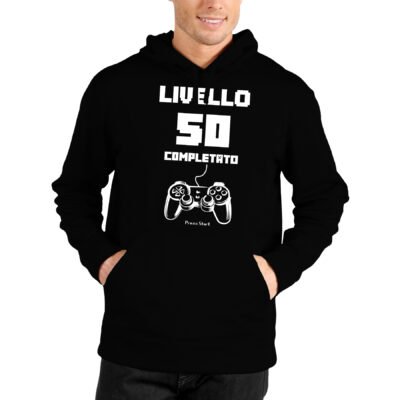 Felpa compleanno uomo gamer con cappuccio 50 anni livello completato