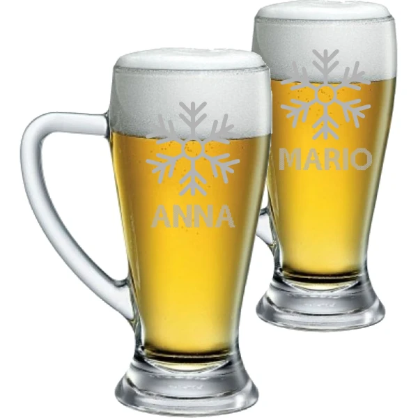 Coppia Boccali Personalizzati Set da 2 Boccali Birra Personalizzati con nome Fiocco Neve Bicchiere in Vetro 38 cl