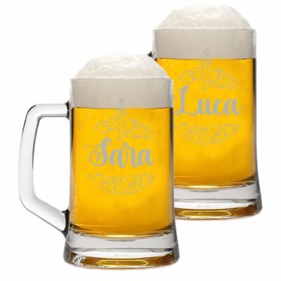Coppia Boccali Personalizzati Set da 2 Boccali Birra Personalizzati con nome pallina Natale Bicchiere in Vetro 500 ml
