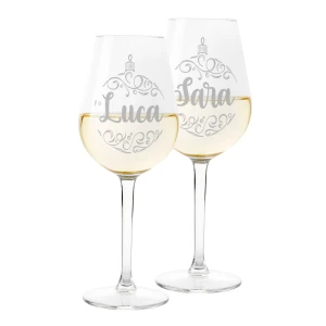 Coppia Calici Personalizzati Set da 2 calici Vino Personalizzati con nome pallina Natale Bicchiere in Vetro 500 ml