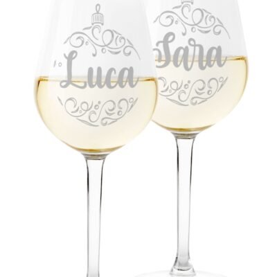 Coppia Calici Personalizzati Set da 2 calici Vino Personalizzati con nome pallina Natale Bicchiere in Vetro 500 ml