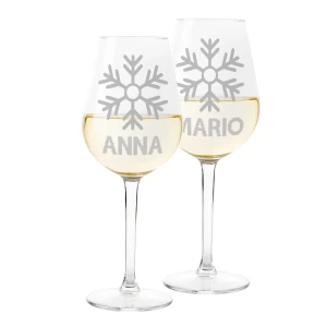 Coppia Calici Personalizzati Set da 2 calici Vino Personalizzati con nome Fiocco Neve Bicchiere in Vetro 500 ml