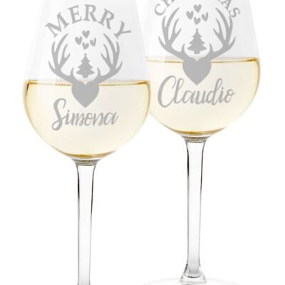 Coppia Calici Personalizzati Set da 2 calici Vino Personalizzati con nome Merry Christmas Bicchiere in Vetro 500 ml