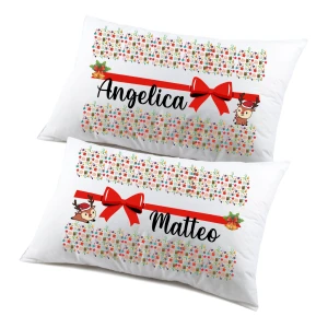 Regalo Natale federe Natalizie Coppia di federe Personalizzabili matrimoniali Divertenti renna fiocco Natale Personalizza con Nome