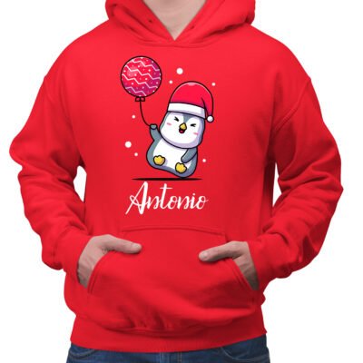 Felpa di Natale da uomo con cappuccio personalizzabile con nome pinguino e palloncino
