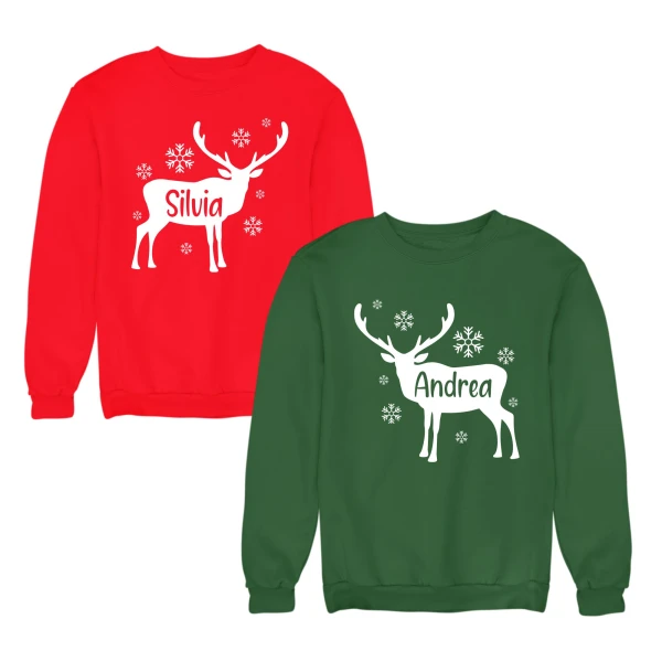 Coppia Felpe Girocollo Natale Natalizie PERSONALIZZABILI CON NOME lui e lei Renne Amore Unisex