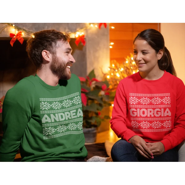 Coppia Felpe Natale Girocollo Natalizie PERSONALIZZABILI con nome Maglione Natalizio personalizzata idea regalo Unisex - immagine 3