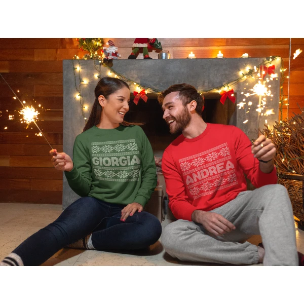 Coppia Felpe Natale Girocollo Natalizie PERSONALIZZABILI con nome Maglione Natalizio personalizzata idea regalo Unisex - immagine 4