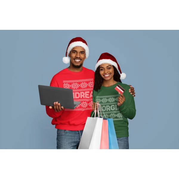 Coppia Felpe Natale Girocollo Natalizie PERSONALIZZABILI con nome Maglione Natalizio personalizzata idea regalo Unisex - immagine 5
