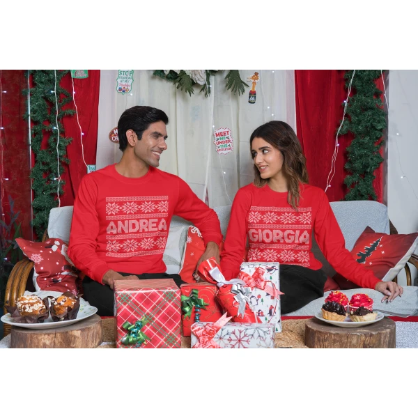 Coppia Felpe Natale Girocollo Natalizie PERSONALIZZABILI con nome Maglione Natalizio personalizzata idea regalo Unisex - immagine 6