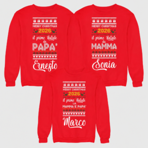 Tris Felpe PERSONALIZZABILI Natale Famiglia 2026 Il nostro primo natale Papà Mamma Bimbo Felpe Girocollo personalizzate con nome Natalizie Idea regalo Unisex