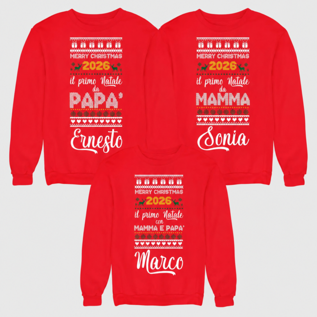 Tris Felpe PERSONALIZZABILI Natale Famiglia 2026 Il nostro primo natale Papà Mamma Bimbo Felpe Girocollo personalizzate con nome Natalizie Idea regalo Unisex