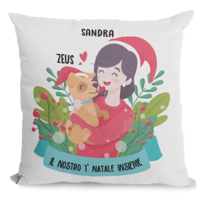 Cuscino Natale PERSONALIZZABILE Il Nostro Primo Natale Insieme Cane Dog con nome 40x40 cm Idea regalo Natale