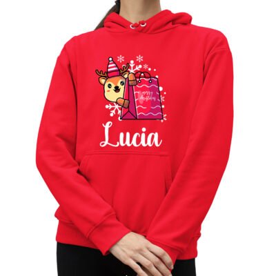 Felpa di Natale da donna con cappuccio personalizzabile con nome baby renna Merry Christmas