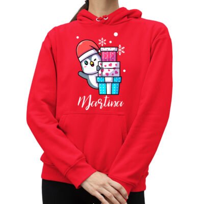 Felpa di Natale da donna con cappuccio personalizzabile con nome pinguino
