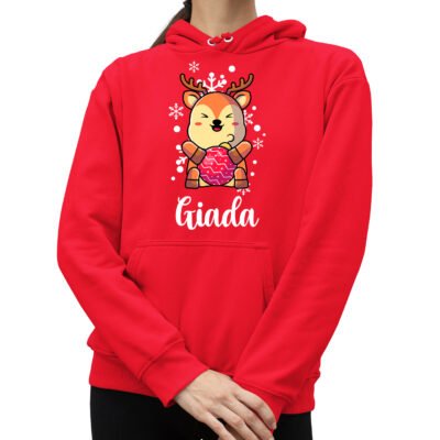 Felpa di Natale da donna con cappuccio personalizzabile con nome baby renna con pallina