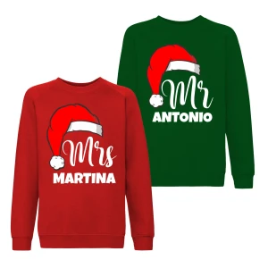 Coppia Felpe Natale Girocollo Natalizie PERSONALIZZABILI con nome Mr & Mrs personalizzata idea regalo Unisex