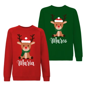 Coppia Felpe Natale Girocollo Natalizie PERSONALIZZABILI con nome Renna personalizzata idea regalo Unisex