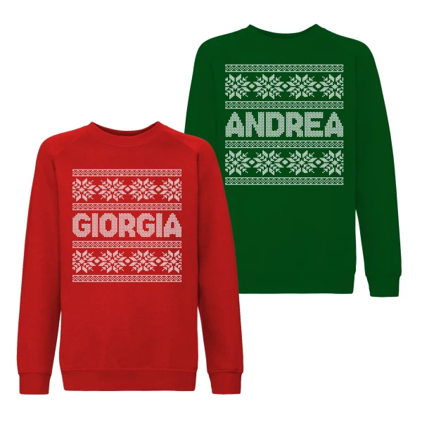 Coppia Felpe Natale Girocollo Natalizie PERSONALIZZABILI con nome Maglione Natalizio personalizzata idea regalo Unisex