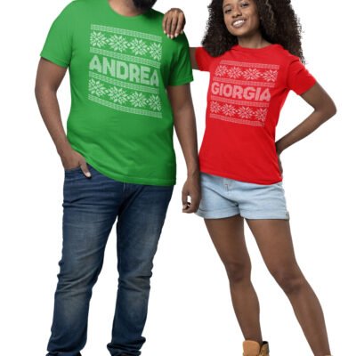 T-shirt natalizie personalizzabili per coppia con nome in stile maglione natalizio