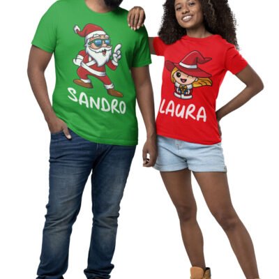 T-shirt natalizie personalizzabili per coppia con nome Babbo Natale