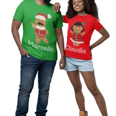 T-shirt natalizie personalizzabili per coppia con nome omini pan di zenzero