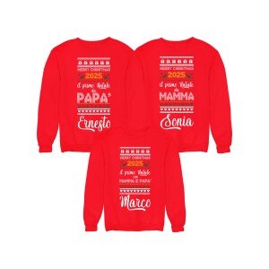 Tris Felpe PERSONALIZZABILI Natale Famiglia 2025 Il nostro primo natale Papà Mamma Bimbo Felpe Girocollo personalizzate con nome Natalizie Idea regalo Unisex