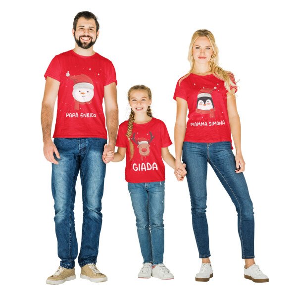 Tris T-Shirt Natale PERSONALIZZABILI Famiglia Pupazzo di neve Pinguino renna Magliette Personalizzate con nome