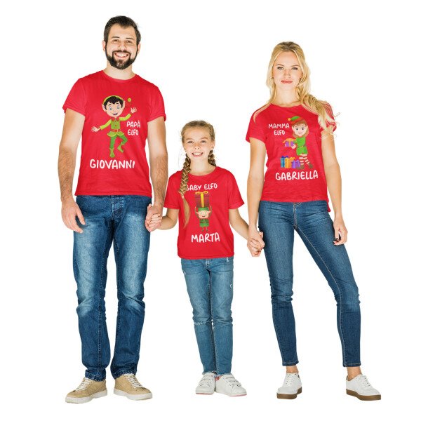 Tris T-Shirt Natale PERSONALIZZABILI Famiglia Papà Elfo Mamma Elfo Baby Elfo Magliette Personalizzate con nome