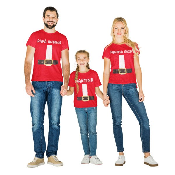 Tris T-Shirt Natale PERSONALIZZABILI Famiglia Cintura Babbo Natale Magliette Personalizzate con nome