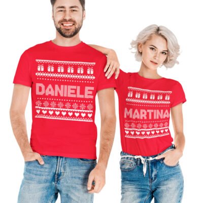 T-shirt natalizie personalizzabili per coppia con nome lui e lei