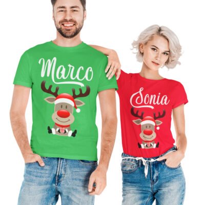 T-shirt natalizie personalizzabili per coppia con nome renne di Natale