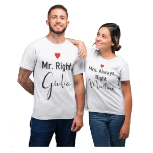Coppia T-Shirt Magliette PERSONALIZZABILI SanValentino Mr & Mrs RIght Regalo Lui e Lei innamorati Anniversario Matrimonio Fidanzati Innamorati