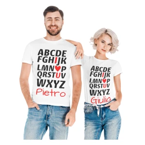 Coppia Magliette T-Shirt Sanvalentino Personalizzabile Alfabeto I love you Personalizza con Nome Amore Innamorati Fidanzati Regalo Lui e Lei