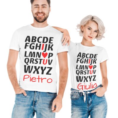 T-shirt coppia personalizzabile con nome e alfabeto I love you