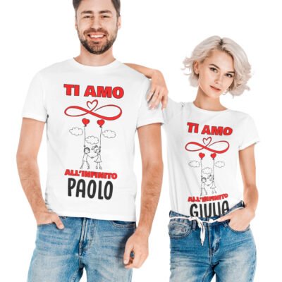 T-shirt coppia personalizzabile con nome e dedica ti amo all'infinito