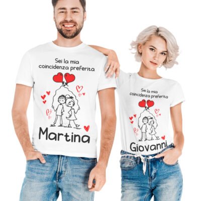 T-shirt coppia personalizzabile con nome e dedica sei la mia coincidenza preferita