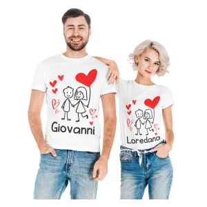 Coppia Magliette T-Shirt Sanvalentino Personalizzabile Fumetto Palloncini Personalizza con Nome Amore Innamorati Fidanzati Regalo Lui e Lei