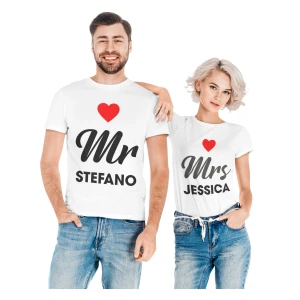 Coppia Magliette T-Shirt Sanvalentino Personalizzabile Mr & Mrs Personalizza con Nome Amore Innamorati Fidanzati Regalo Lui e Lei