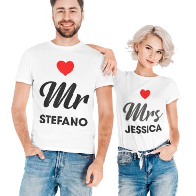T-shirt coppia personalizzabile con nome Mr per lui e Mrs per lei