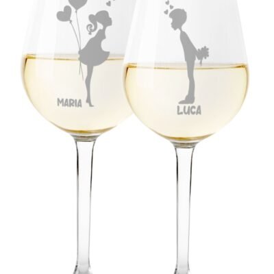 Coppia Calici Vino Personalizzabili con nome SanValentino Bacio Couple Innamorati Love 50cl
