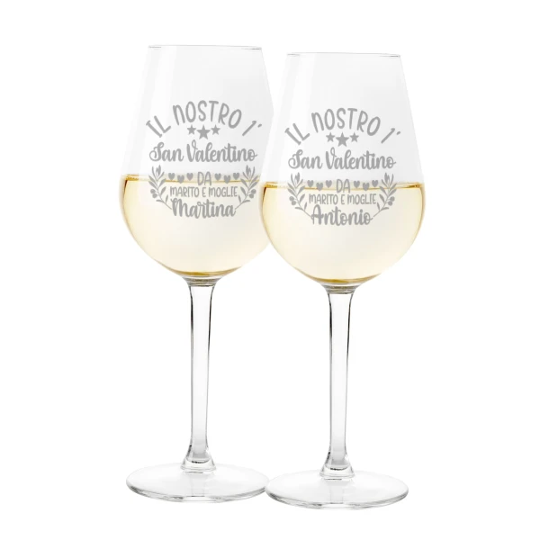 Coppia Calici Vino Personalizzabili con nome SanValentino Il nostro 1° San Valentino da Marito e Moglie Innamorati Love 50cl