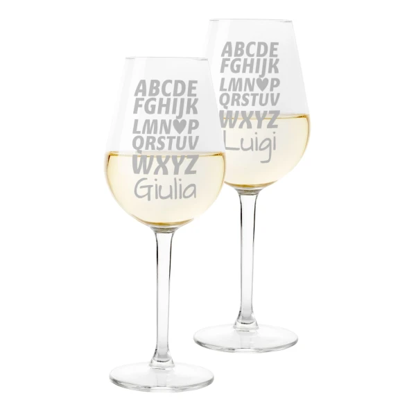 Coppia Calici Personalizzati SanValentino Set da 2 calici Vino SanValentino con Nome Alfabeto Innamorati Matrimonio Fidanzamento - Bicchiere in Vetro 500 ml