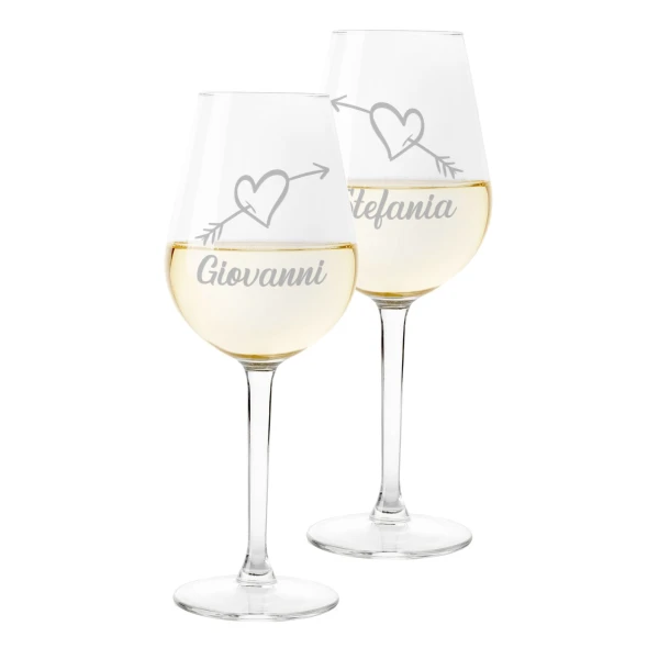 Coppia Calici Personalizzati SanValentino Set da 2 calici Vino SanValentino con Nome Cuore Freccia Innamorati Matrimonio Fidanzamento - Bicchiere in Vetro 500 ml